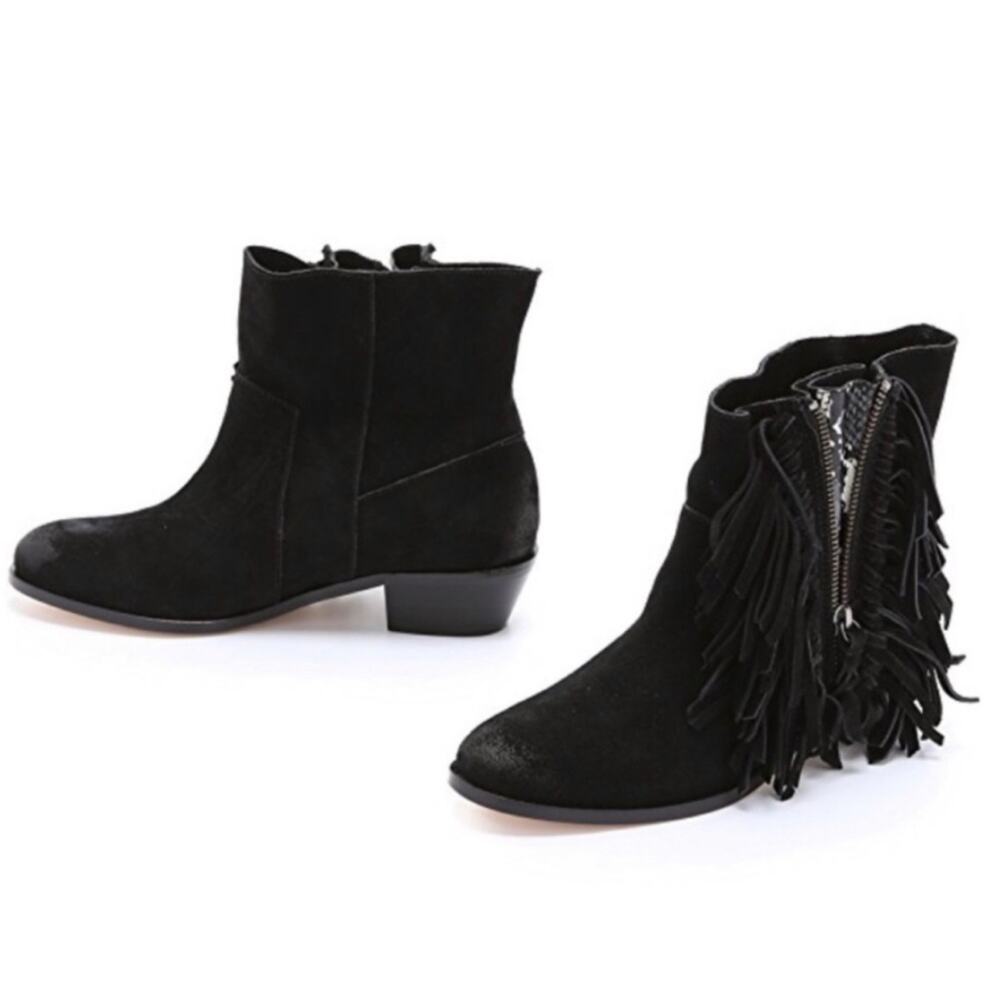 Cynthia Vincent Nibble Fringe Suede Ankle Heeled Bootie in Black, Size 8.5